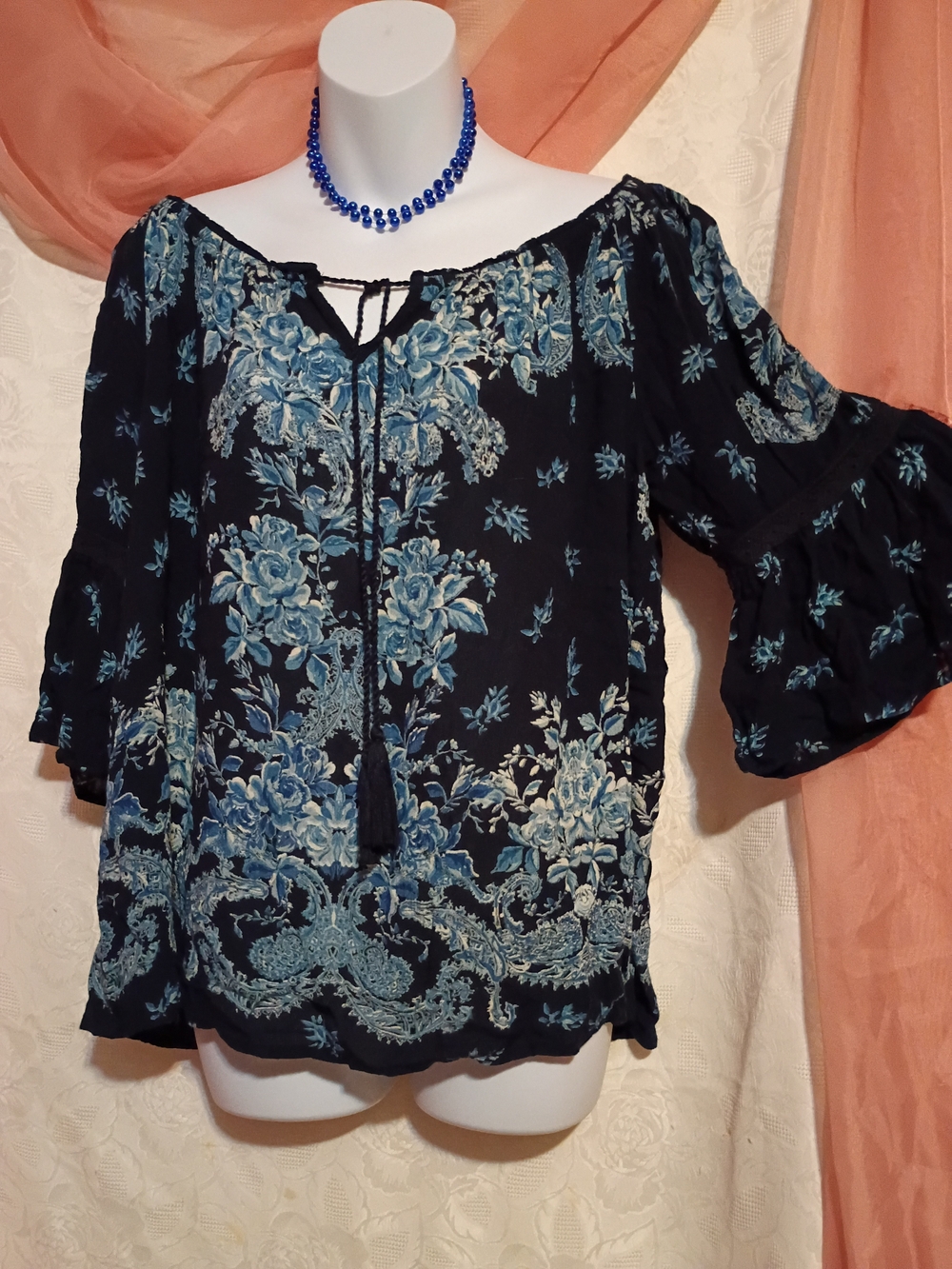 Bila Ladies Navy Peasant Blouse with Blue Floral Print Sz M